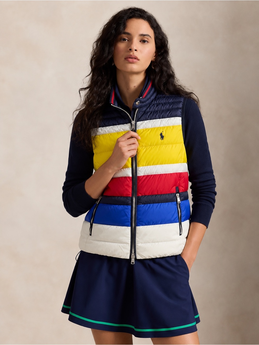 Ralph Lauren Colorblock Quilted Puffer Vest in Navy, Yellow, Red, Blue & White